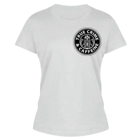 “True Crime & Caffeine”, White Ladies Fitted Tee, S-3X - Picture 4 of 9